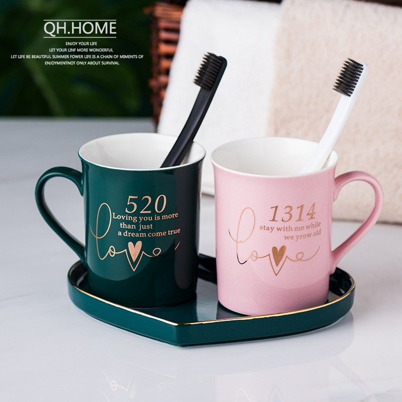 欧式轻奢陶瓷口杯洗漱套装一对情侣杯家用刷牙杯牙缸高档三件套,家庭/个人清洁工具,洗漱杯,淘宝优惠券,粉丝福利购,淘宝优惠卷