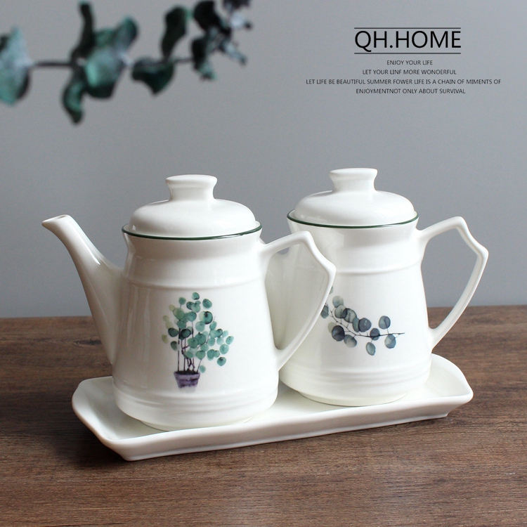 北欧植物陶瓷带盖厨房用品油壶