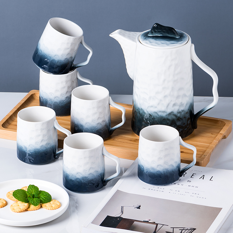 石纹灰水壶套装陶瓷水杯家用客厅茶杯茶具喝水杯子杯具凉冷水具