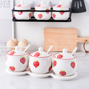 草莓调料罐子陶瓷调味罐厨房盐糖家用调料盒套装组合装辣椒油味精