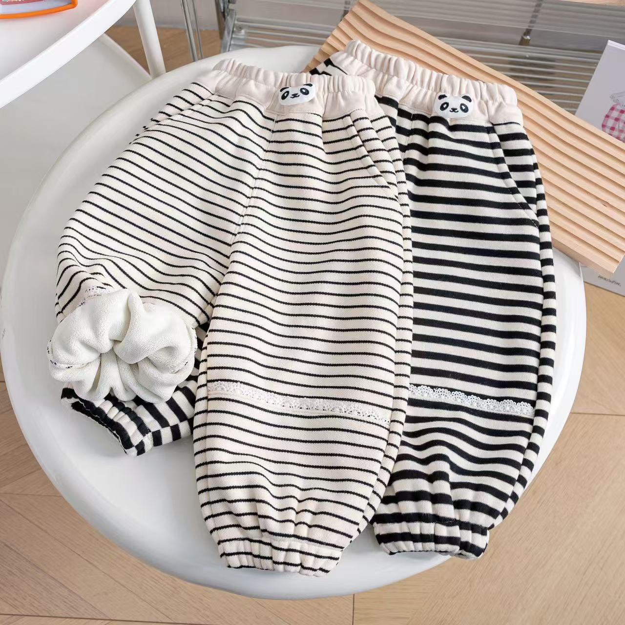 宝宝加绒裤子秋冬一体绒休闲裤小童条纹软糯卫裤男女童宽松大pp裤