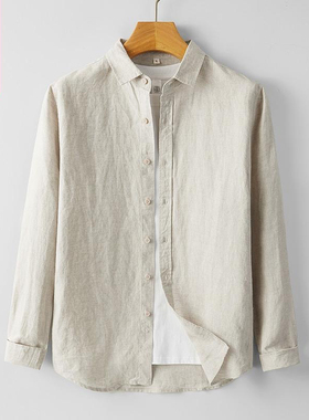 源头厂家主打四季杏色棉麻男士长袖衬衫青年商务休闲男式白色衬衣