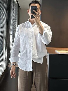 男法式 天丝亚麻透气工装 修身 防晒开衫 衬衣 长袖 老钱风棉麻皱布衬衫