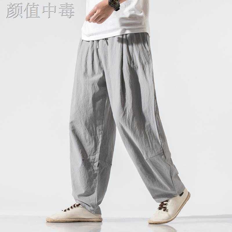 中国风男装唐装亚麻裤子男休闲宽松大码阔腿哈伦裤灯笼裤青年长裤