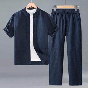 麻布料汉服衬衫 中式 两件套男式 中山装 复古盘扣纯亚麻套装 唐装 男士
