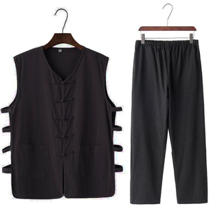 夏薄款亚棉麻背心中国风唐装男式马甲夹汉褂盘扣老头汗衫北京坎肩