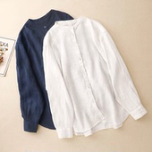 宽松文艺风亚麻长袖 无领棉麻衬衫 男女同款 休闲百搭打底衬衣