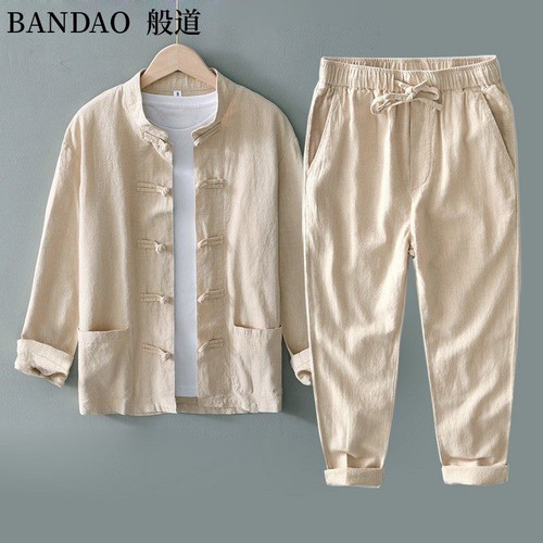 中式盘扣复古立领棉麻套装男春秋季太极服男款休闲亚麻衬衫配裤子