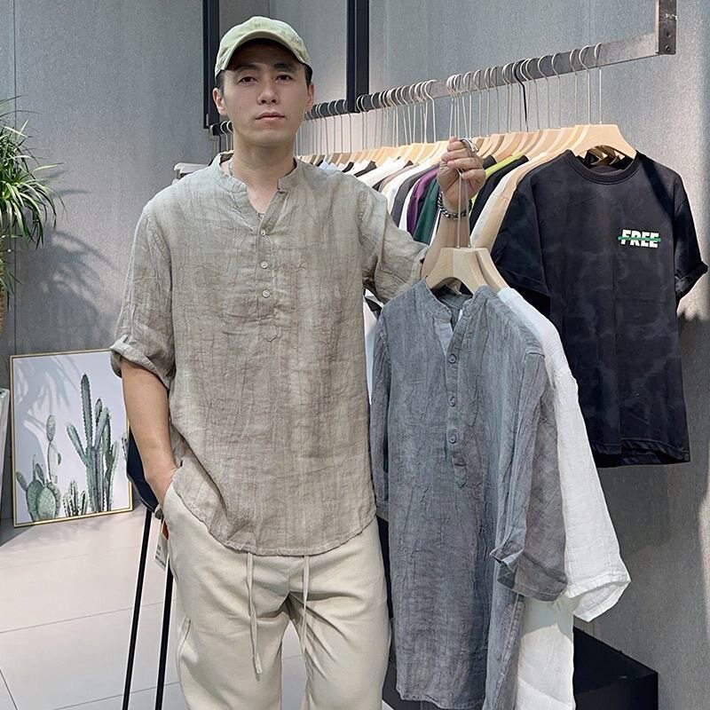 亚麻短袖t恤男士潮牌刺绣棉麻半袖中国风男装薄款立领夏季上衣服