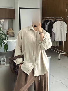 天丝亚麻透气防晒衬衣 vintage宽松长袖 老钱风棉麻皱布衬衫 男美式