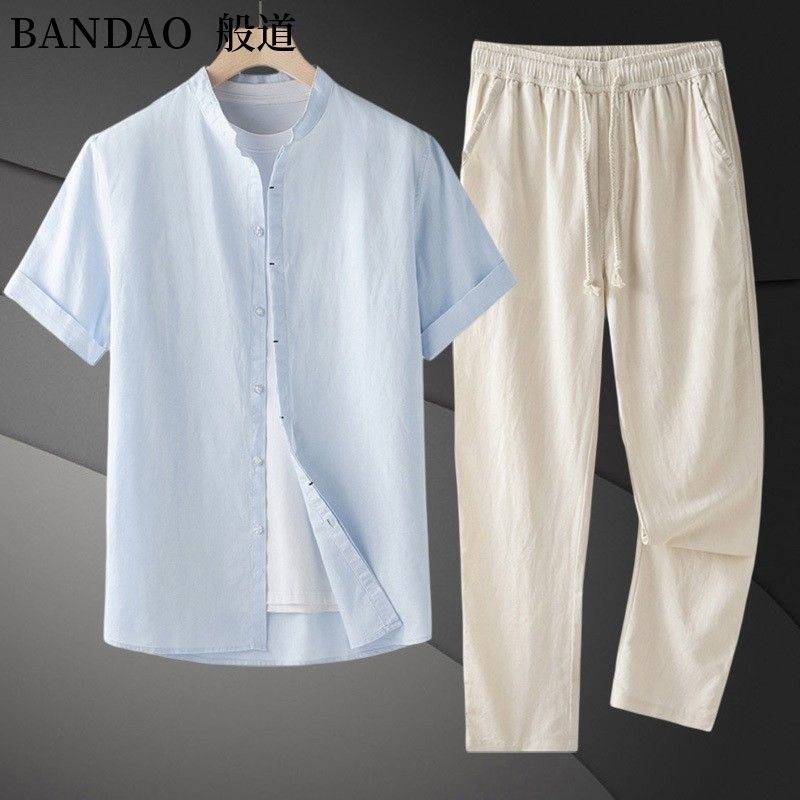 跨境亚马逊美式夏季立领短袖衬衫长裤男休闲亚麻沙滩度假休闲套装,男装,中老年套装,淘宝优惠券,粉丝福利购,淘宝优惠卷