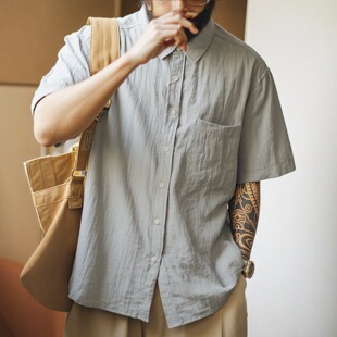 外套外贸男装 日系复古褶皱肌理感亚麻短袖 薄款 男夏季 休闲衬衣 衬衫