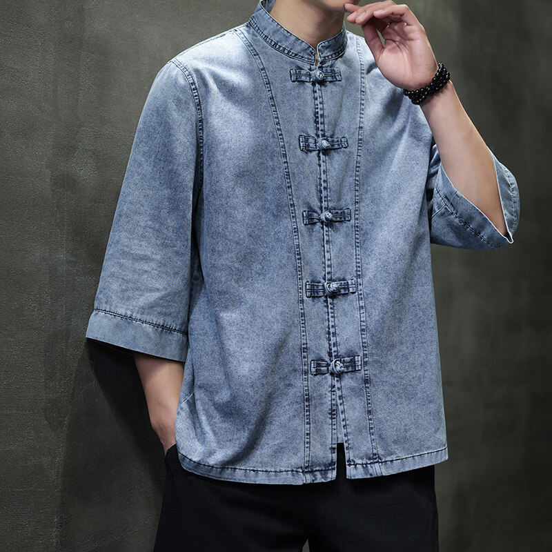 牛仔衬衫男短袖夏季薄款宽松七分袖道袍新中式男装中国风唐装汉服,男装,唐装,淘宝优惠券,粉丝福利购,淘宝优惠卷
