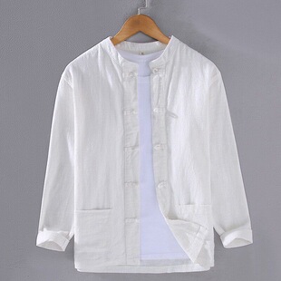 复古盘扣衬衣男装 唐装 衬衫 棉麻长袖 禅修茶服太极服苎麻汉服 男中式