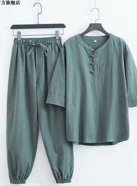 道家居士服男寺庙打坐禅修服女棉亚麻佛系禅意中国风唐装国潮套装
