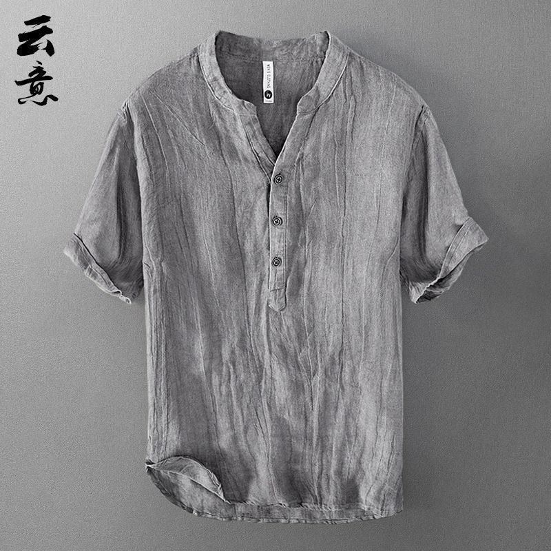 夏季亚麻短袖休闲T恤男士立领套头衬衫国潮大码复古薄款透气大V领