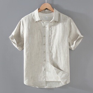 外套男装 夏季 衬衫 纯色亚麻短袖 休闲棉麻衬衣麻布衣服外穿上衣 薄款