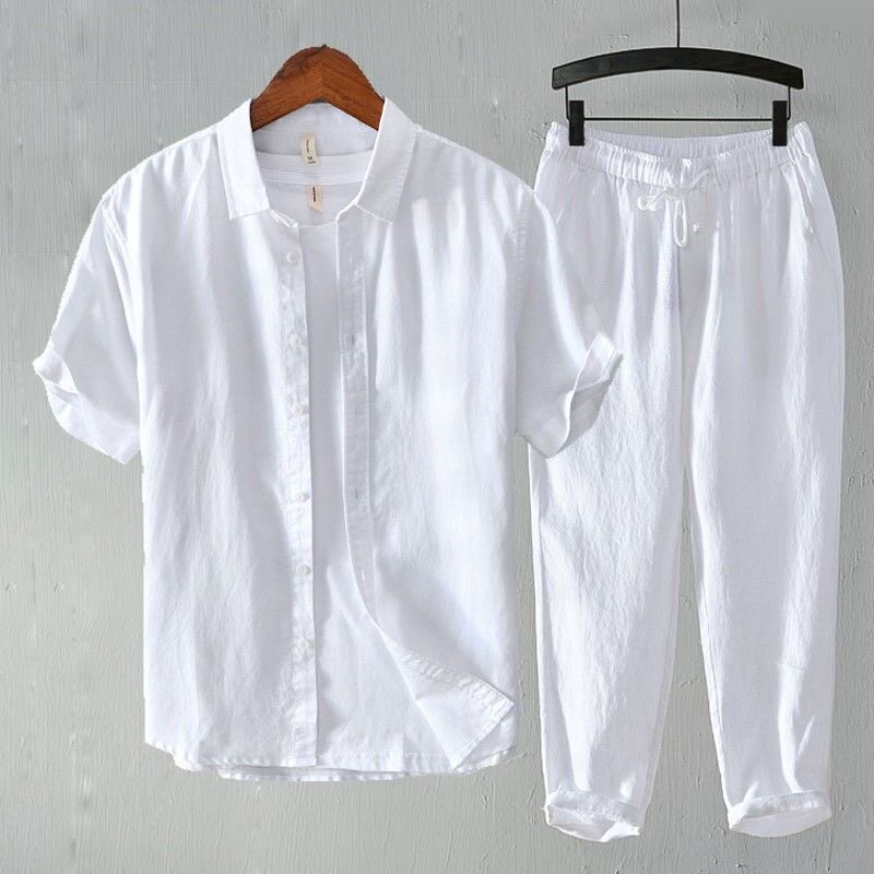 高端亚麻套装男款2026新款夏季青年男士白色套装衬衫裤子棉麻衣服