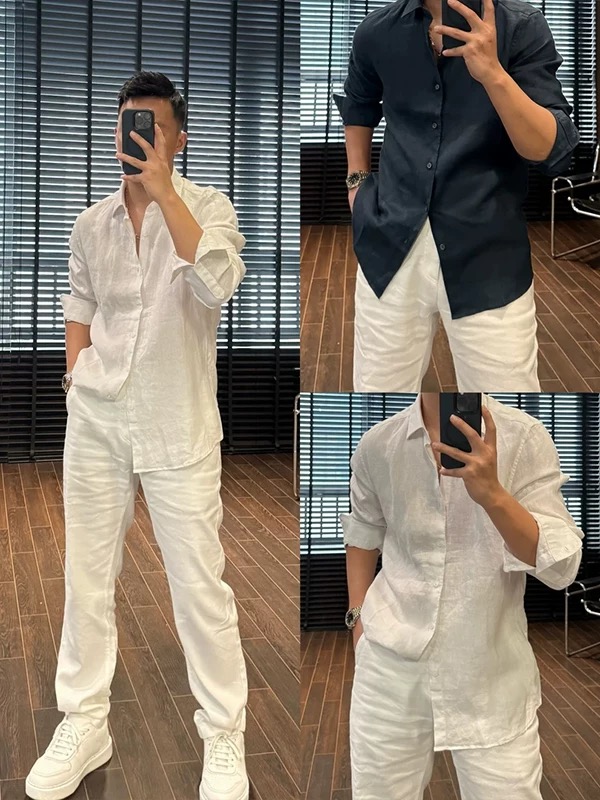 老钱风白色亚麻长袖衬衫男款夏季轻薄透气宽松休闲防晒衬衣外套