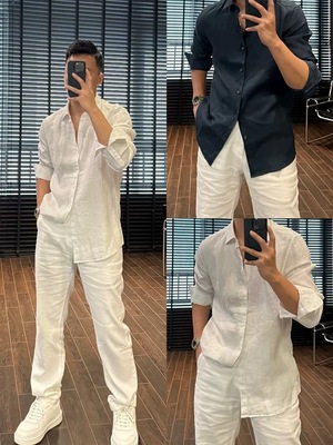 老钱风白色亚麻长袖衬衫男款夏季轻薄透气宽松休闲防晒衬衣外套