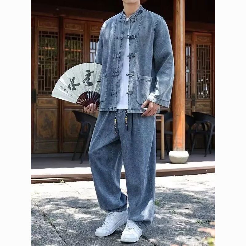 【春上新优惠】春季中国风牛仔衬衫夹克套装休闲大码宽松长袖套装
