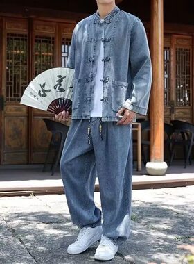 【春上新优惠】春季中国风牛仔衬衫夹克套装休闲大码宽松长袖套装
