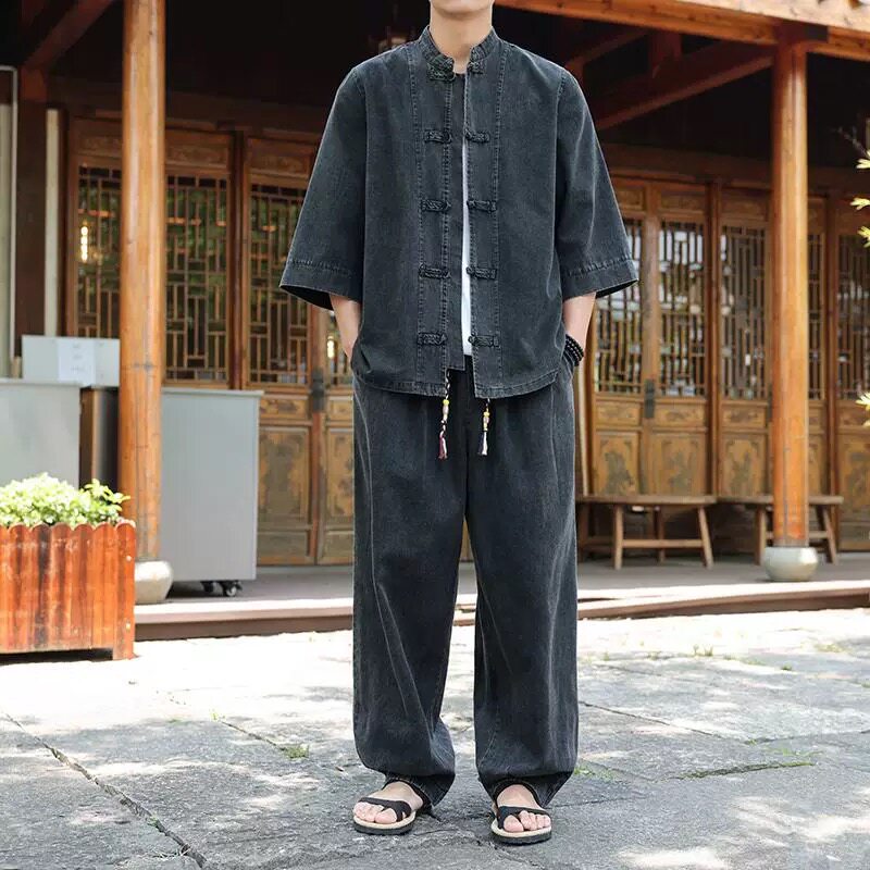 夏季薄款男式五分袖牛仔上衣唐装男士牛仔外套复古男装汉服中山装