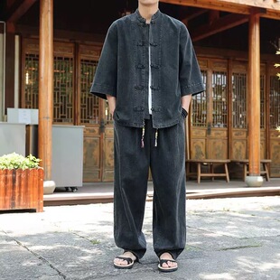 夏季薄款男式五分袖牛仔上衣唐装男士牛仔外套复古男装汉服中山装