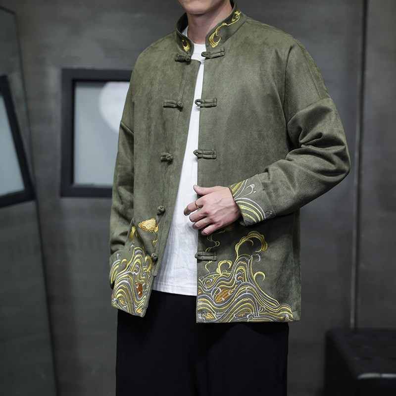 中国风秋冬刺绣休闲休闲唐装外套男士宽松大码圆领中山装夹克茶服
