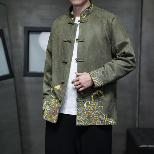 中国风秋冬刺绣休闲休闲唐装外套男士宽松大码圆领中山装夹克茶服