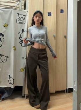 深灰色毛呢纽扣阔腿西装裤女秋冬季高腰显瘦慵懒风垂感休闲直筒裤