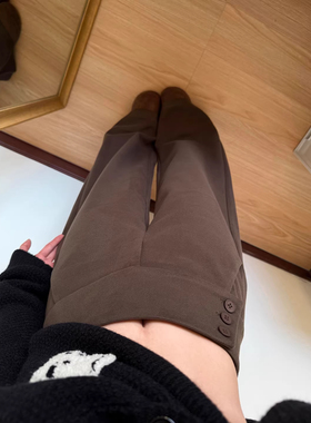 咖色加厚毛呢阔腿西装裤女秋冬季新款侧腰纽扣设计宽松拖地休闲裤