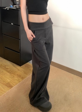 深灰色毛呢纽扣阔腿西装裤女秋冬季高腰显瘦慵懒风垂感休闲直筒裤