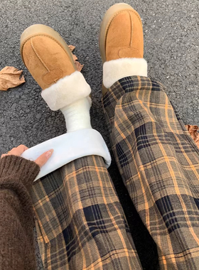 黄色加绒格子裤子女秋冬加厚高腰垂感休闲显瘦百搭慵懒直筒阔腿裤