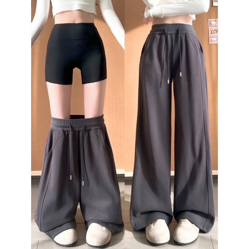 深灰色运动裤女秋冬季加绒高腰垂感宽松慵懒风直筒裤窄版阔腿卫裤