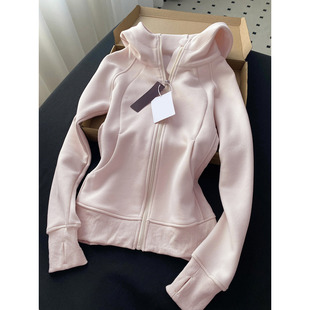 粉色修身外套女秋冬季加绒韩系穿搭正肩收腰卫衣短款显瘦开衫上衣