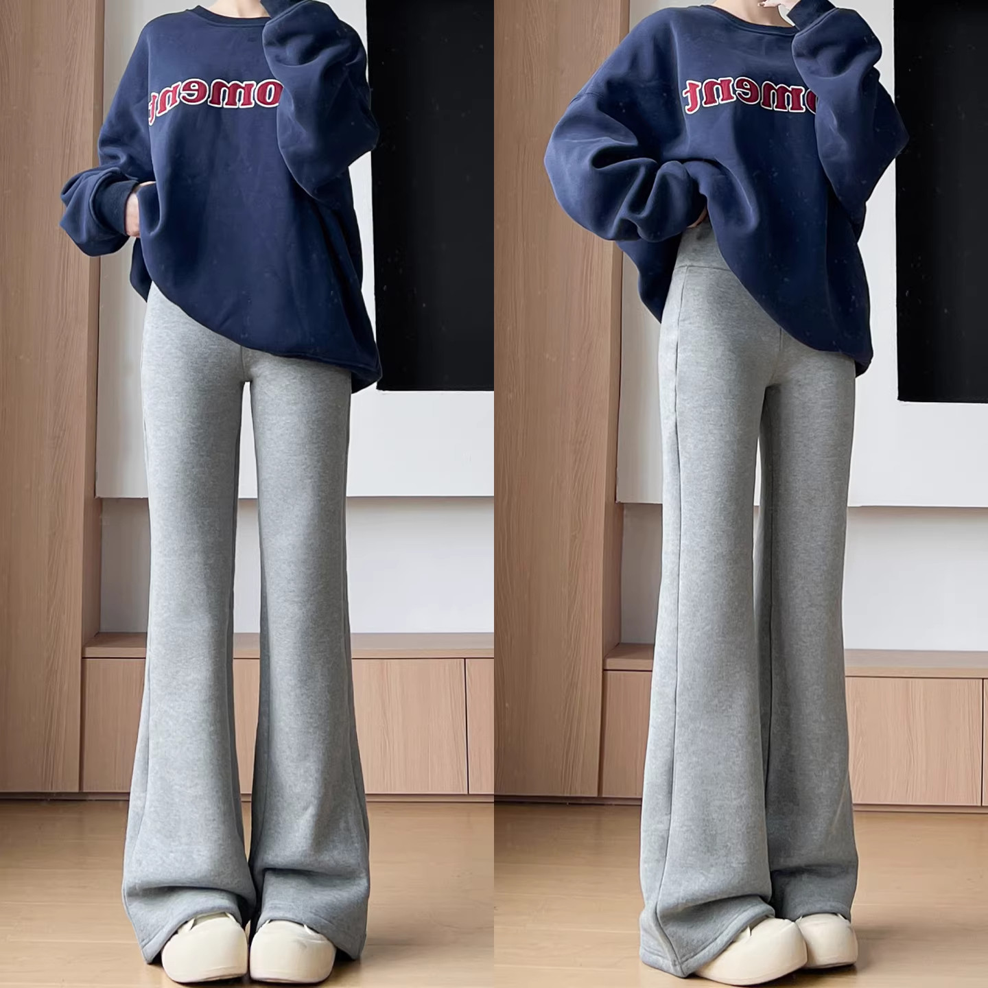 灰色微喇裤女秋冬季新款低腰垂感显瘦打底裤美式加绒运动喇叭卫裤