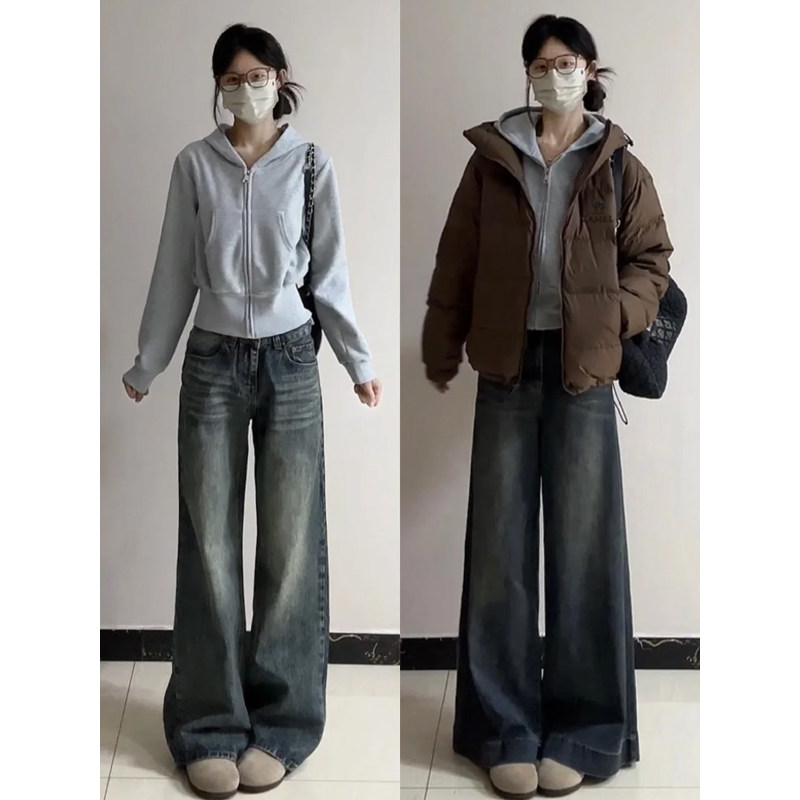 浅灰色韩系简约连帽长袖卫衣女秋冬正肩加绒外套修身收腰短款上衣