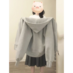 浅灰色连帽卫衣外套女秋冬季慵懒风宽松拉链美式加绒加厚开衫上衣