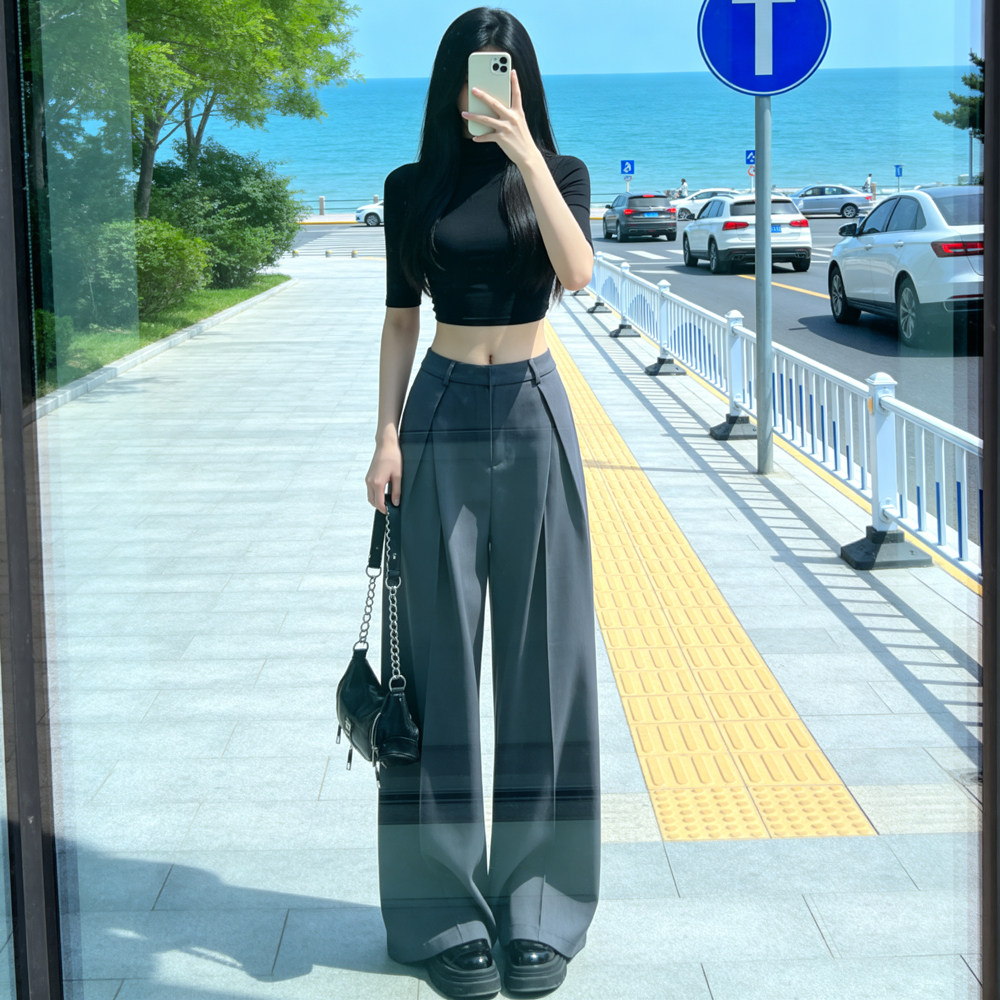 灰色质感西装裤女夏季高腰设计感褶皱垂感慵懒风宽松休闲阔腿长裤
