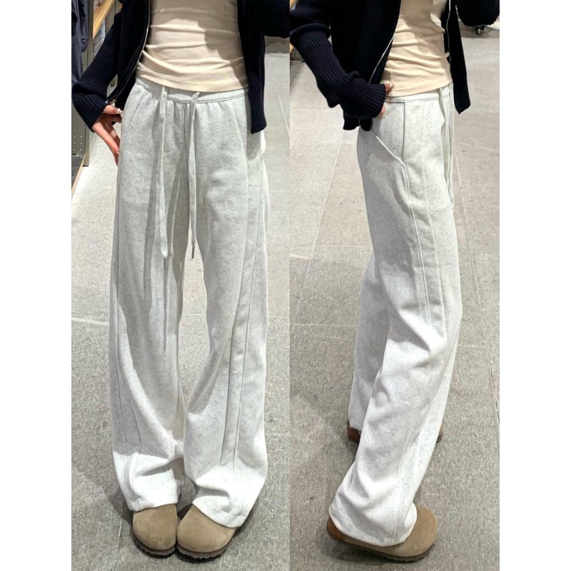白灰色抽绳运动卫裤女秋冬季高腰显瘦直筒垂感加绒加厚窄版阔腿裤