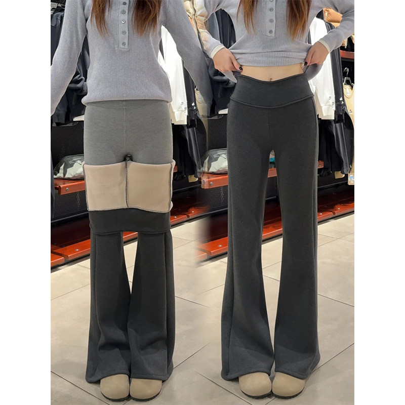 美式复古深灰色加绒微喇裤女秋冬季低腰垂感显瘦修身运动喇叭卫裤