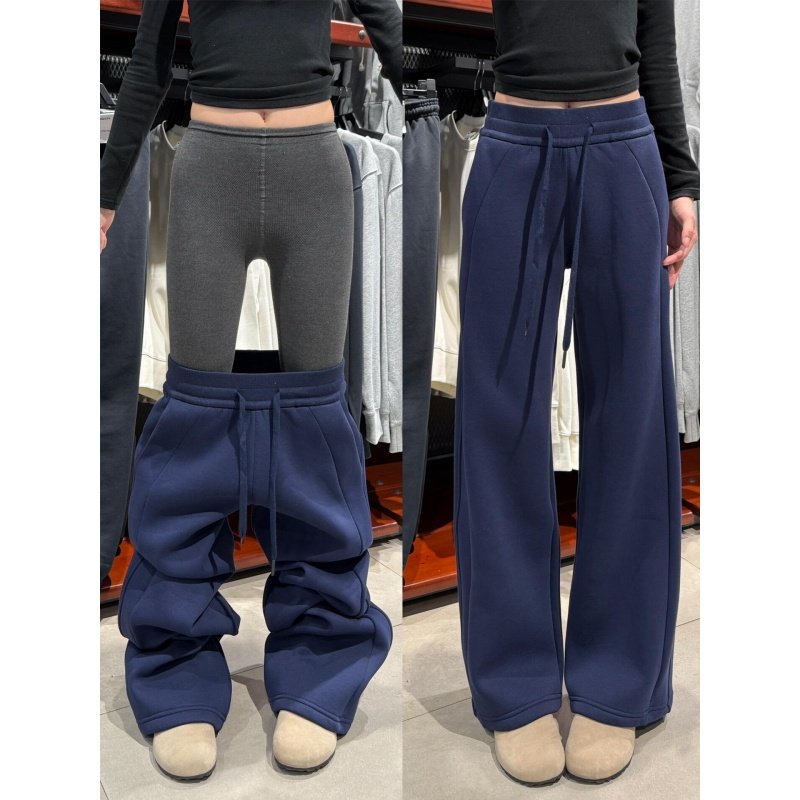 藏青色窄版运动裤女冬季高腰显瘦垂感阔腿裤宽松加绒直筒休闲卫裤