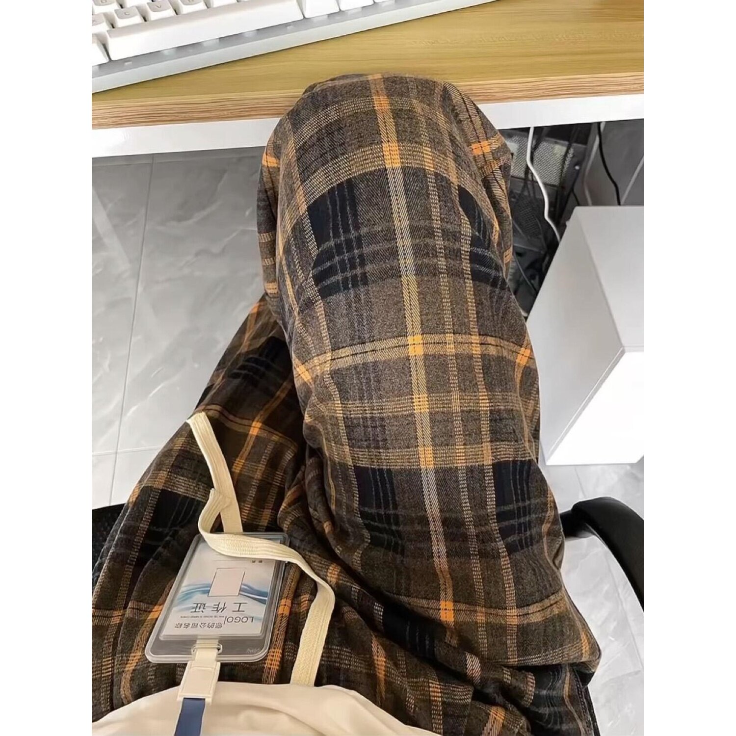 复古黄色高腰垂感显瘦格子休闲裤
