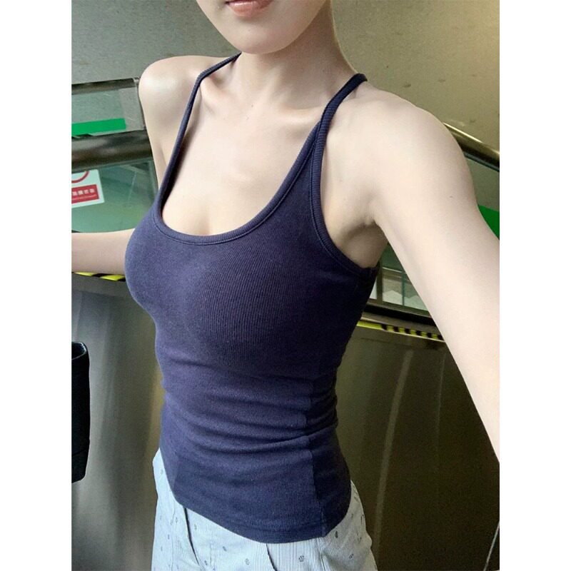 工字吊带背心女夏季内搭带胸垫外穿挂脖露背运动健身美背无袖上衣