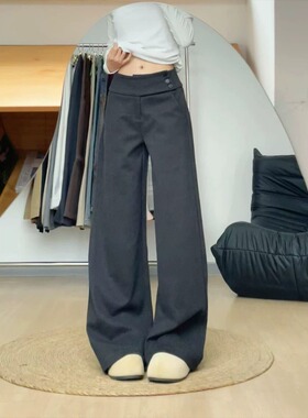深灰色毛呢纽扣阔腿西装裤女秋冬季高腰显瘦慵懒风垂感休闲直筒裤