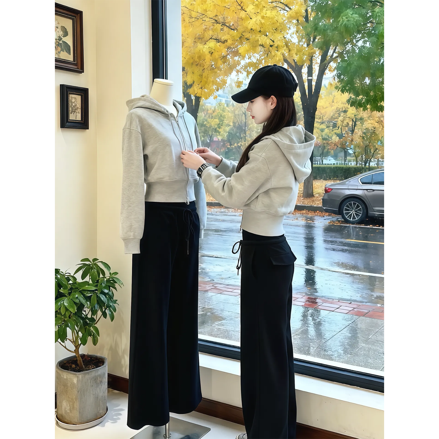 灰色短款卫衣外套女秋冬新款加绒韩系穿搭修身收腰连帽奥粒绒上衣