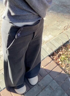 灰色毛呢阔腿裤女秋冬2026新款纽扣低腰直筒小个子加厚质感西装裤