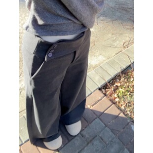 灰色毛呢阔腿裤女秋冬2026新款纽扣低腰直筒小个子加厚质感西装裤