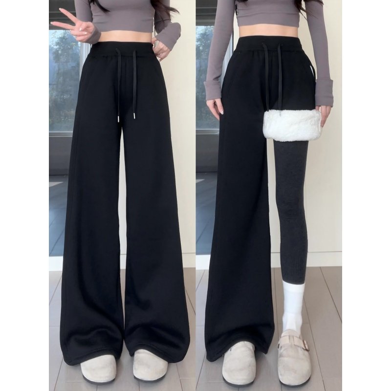 黑色美式运动裤女秋冬季加绒高腰垂感宽松休闲阔腿裤窄版直筒卫裤
